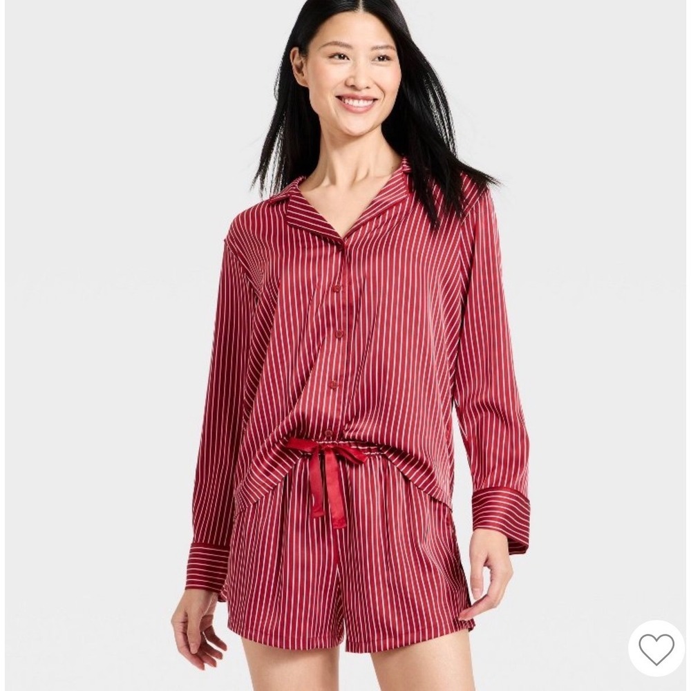 Auden Satin Pajama set Top Red White Striped Button Down Long Sleeve XL shorts